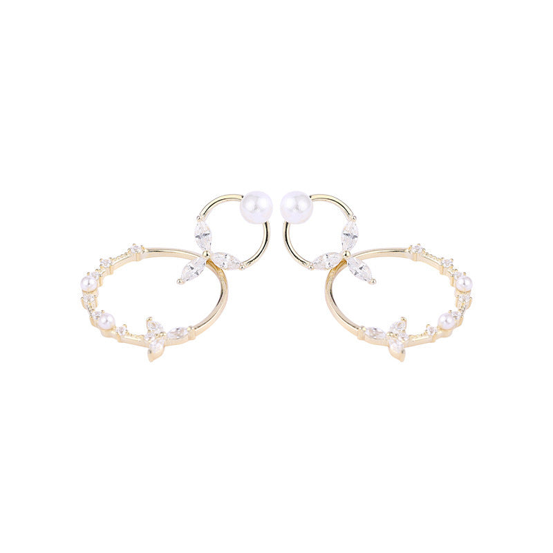 New 925 Sterling Silver Double Circle Pearl Drop Earrings For Women Fashion Elegant Gold Mosaic Zircon Earing Fashion Jewelry