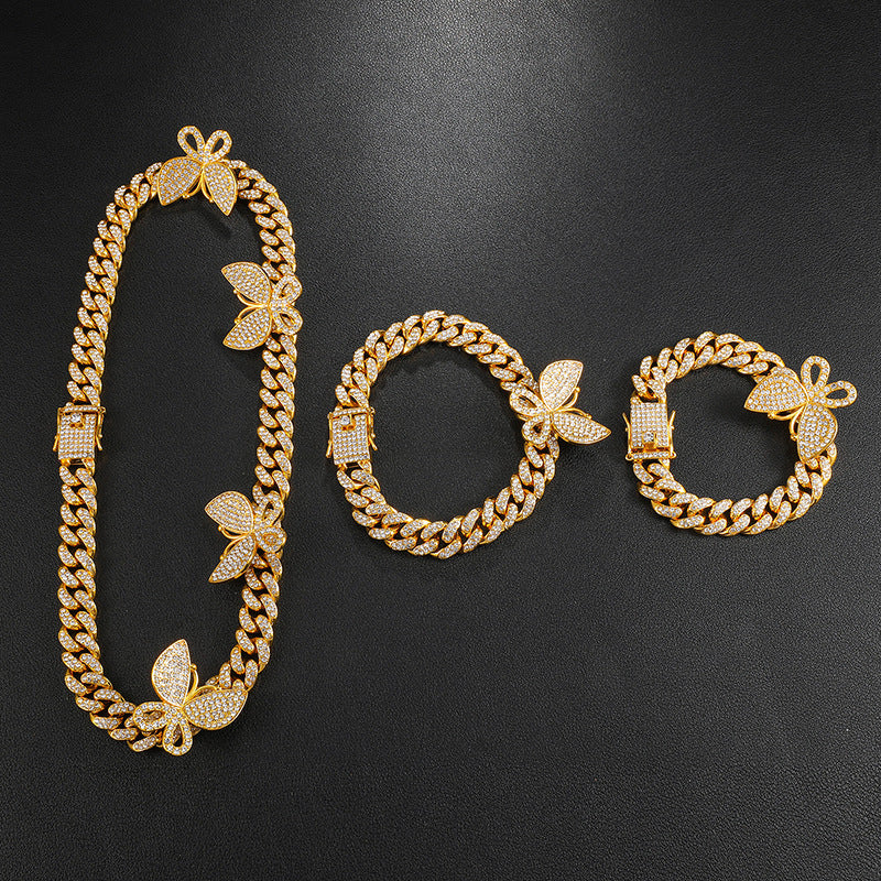 Hip Hop Full Rhinestone Butterfly Cuban Chain 13mm Anklet
