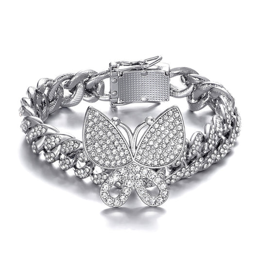 Hip Hop Full Rhinestone Butterfly Cuban Chain 13mm Anklet