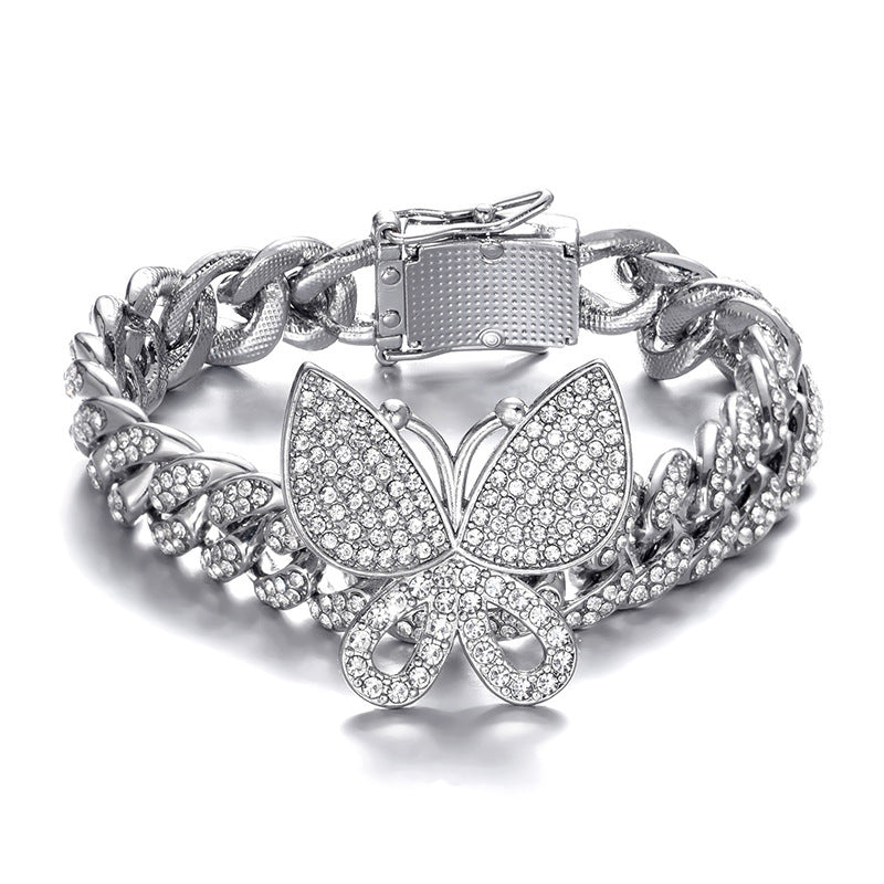 Hip Hop Full Rhinestone Butterfly Cuban Chain 13mm Anklet