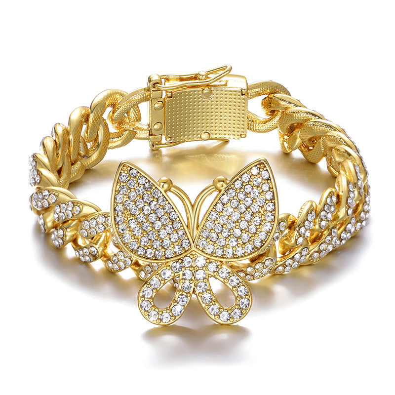 Hip Hop Full Rhinestone Butterfly Cuban Chain 13mm Anklet